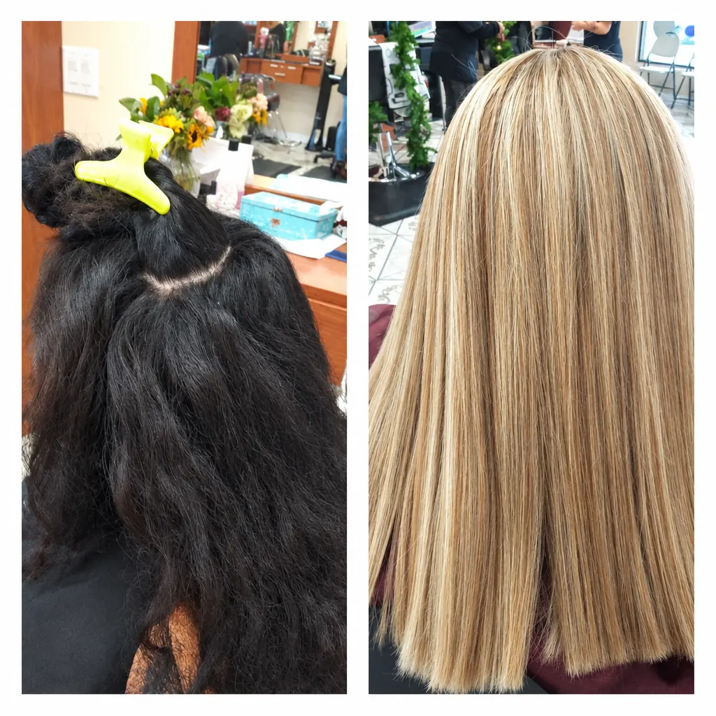 Before and after: dark hair on the left, long straight blonde highlights on the right