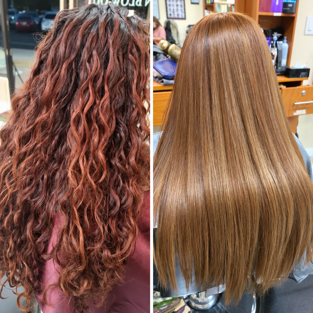 Before and after: curly copper-red hair on the left, sleek honey-brown hair on the right