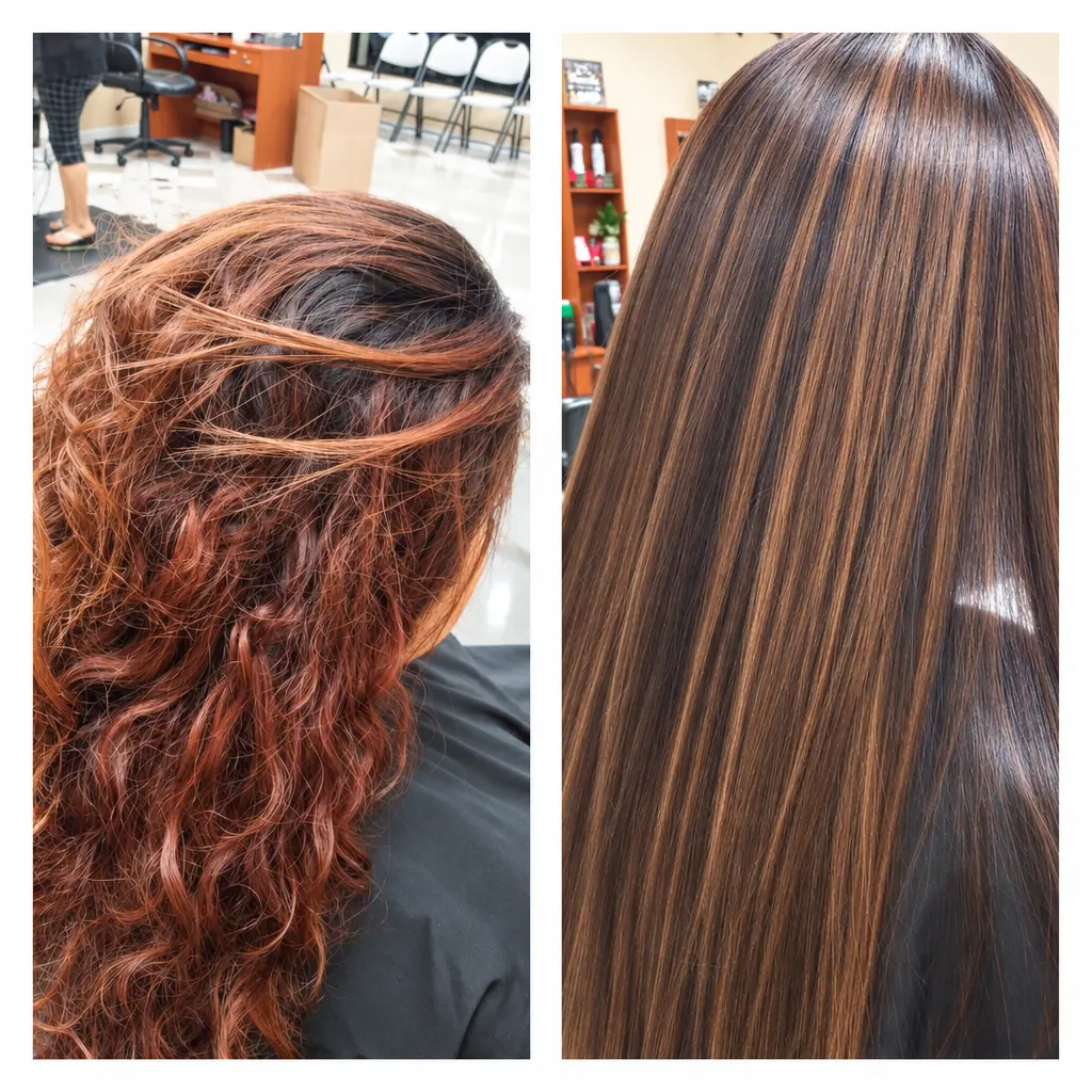 Before and after: curly red hair on the left, sleek brown hair with highlights on the right
