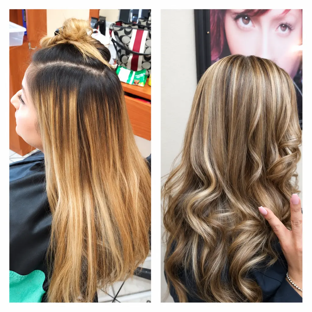 Before and after: dark roots with golden ombre on the left, soft highlighted curls on the right