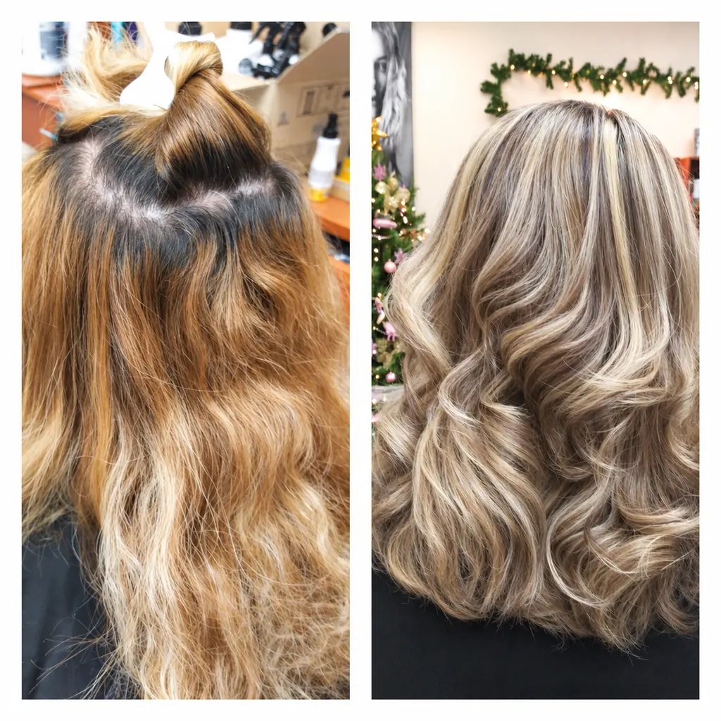 Before and after: grown-out roots on the left, soft blonde waves on the right