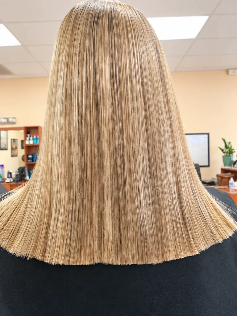 Blunt-cut blonde bob with fine highlights, back view