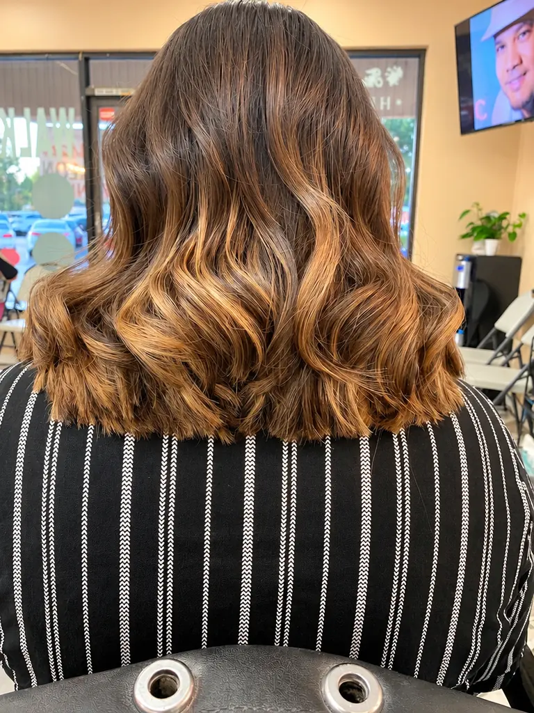 Brown balayage with curled caramel ends, back view