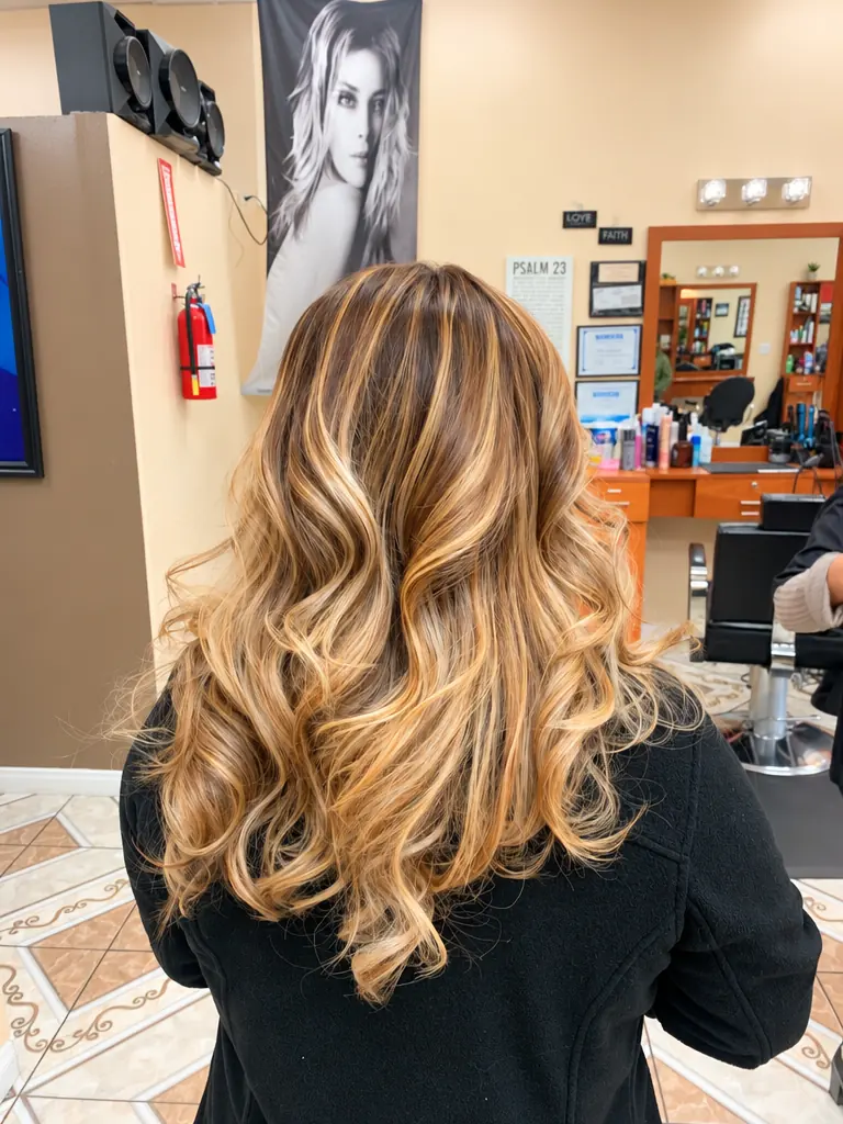 Caramel balayage waves on dark hair, back view