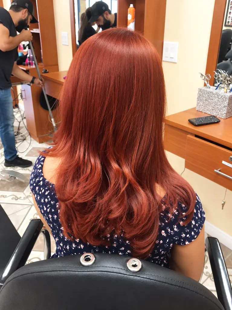 Copper-red long layers, back view