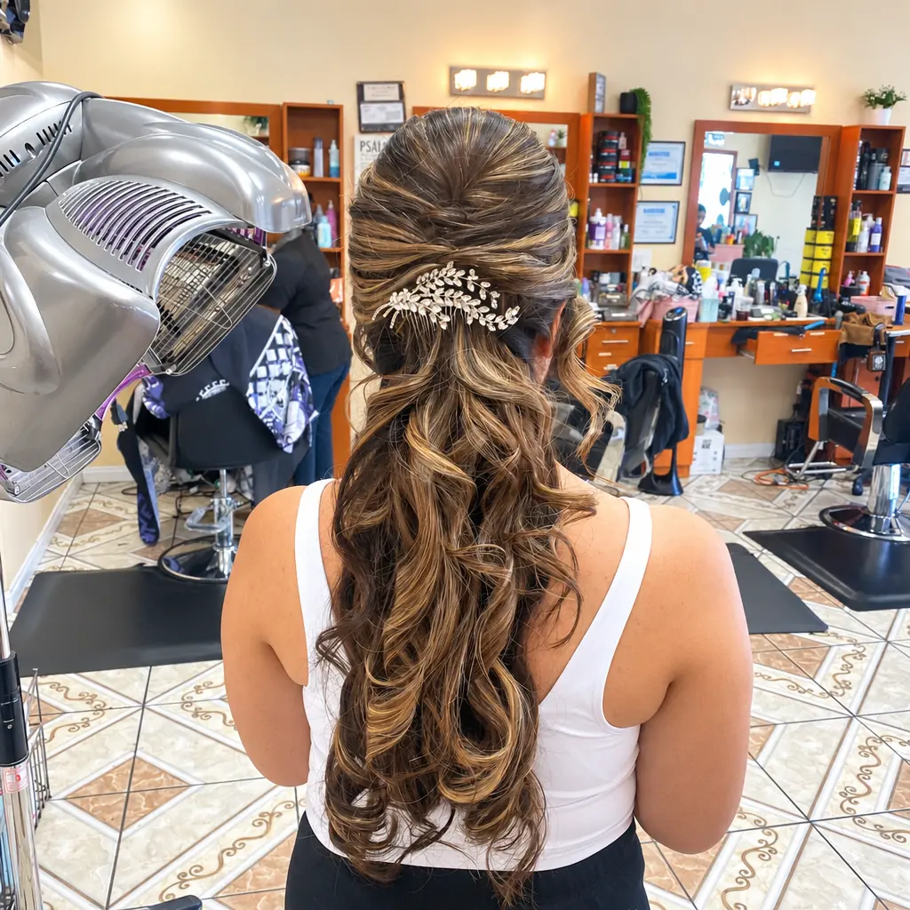 Half-up curls with a crystal clip, in the salon, back view