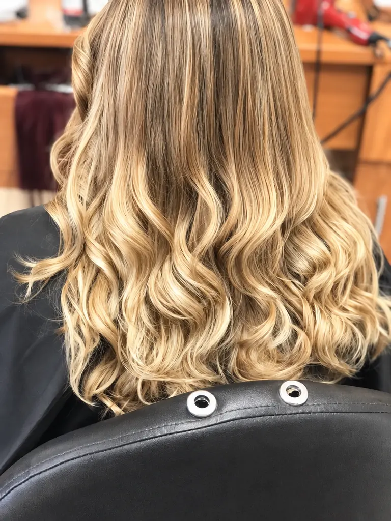 Honey-blonde waves on mid-length hair, back view