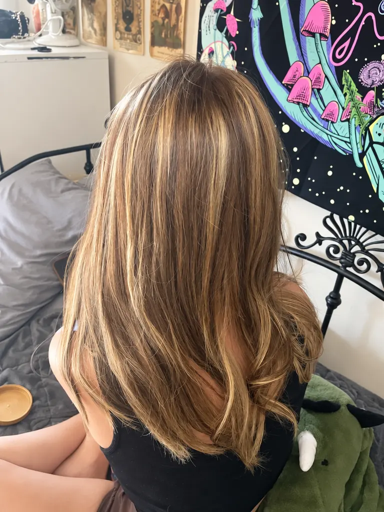 Long layers with honey highlights on brown hair, back view