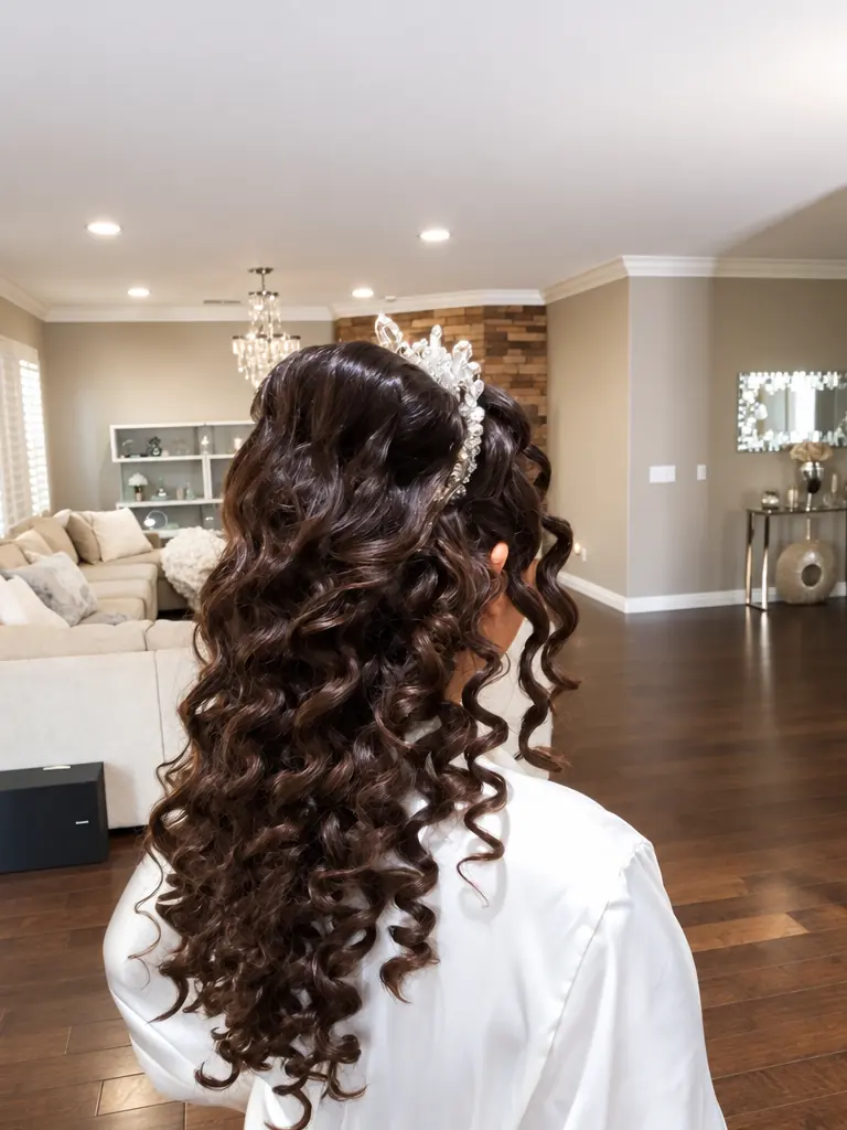 Long dark curls with a tiara, back view