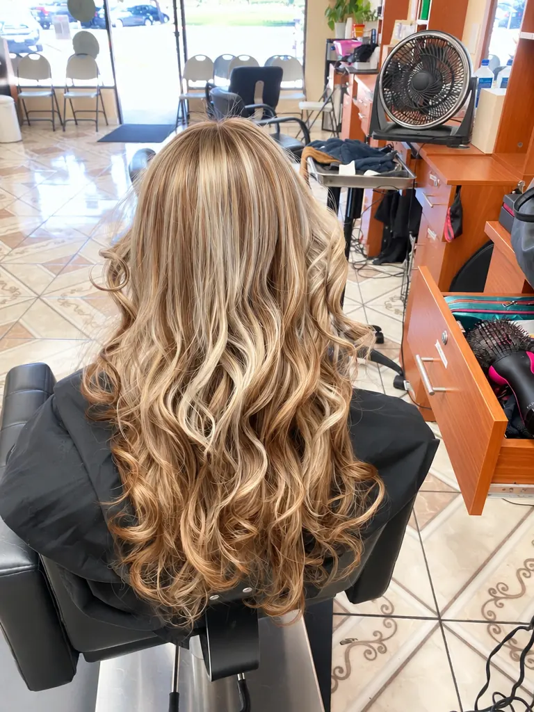 Long golden balayage waves seen from behind in the salon chair
