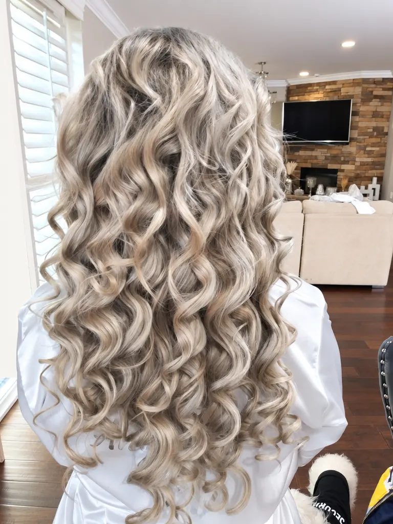 Long soft ash-blonde curls, back view