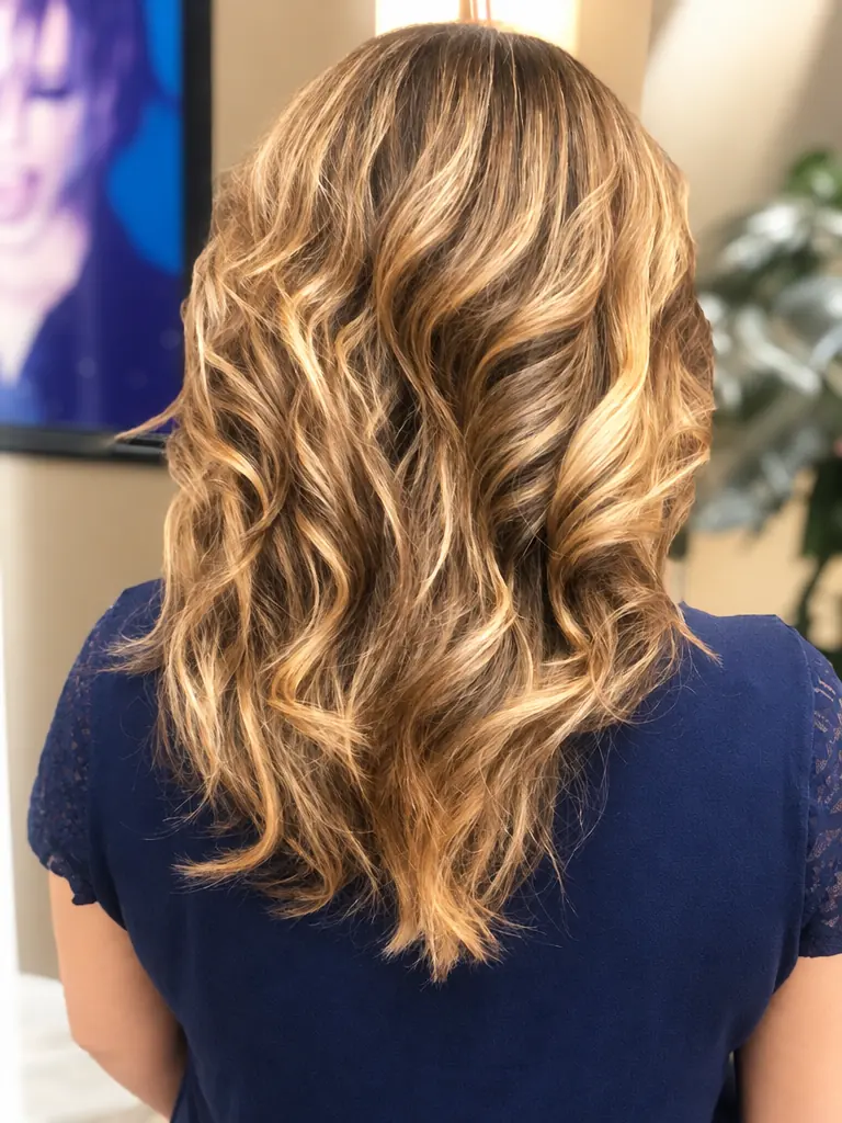Sun-kissed balayage waves on shoulder-length hair, back view